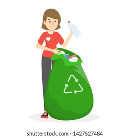 Volunteer collect garbage and rubbish. Care about nature and ecology. Isolated vector illustration in cartoon style