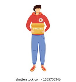 Volunteer collecting donations flat vector illustration. Social activist with box isolated cartoon character on white background. Public charity, fundraising campaign decorative design element