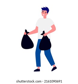 Volunteer Collecting Garbage In City Park Flat Vector Illustration. People Cleaning Environment Nature In Team. Ecology And Clean