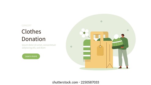 Volunteer collecting and organizing used warm clothing in bag for charity. Charitable contribution and donation support. Positive community impact concept. Vector illustration.