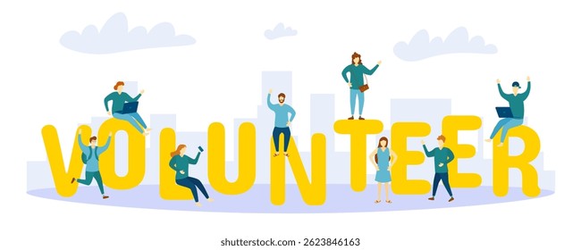 Volunteer collecting rubbish recycling humanitarian girl boy man woman eco picking dirty clean plastic bag save garbage environmental cartoon vector outdoor teamwork lifestyle environment