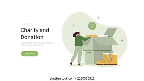 Volunteer collecting, sorting and organizing donated clothes in boxes for charity. Giving and supporting through financial contributions and donation concept. Vector illustration.