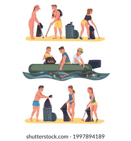 Volunteer Collecting Trash on Beach and in Water Set, Ecology Protection Concept Cartoon Vector Illustration