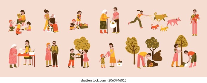 Volunteer Color Set Of Isolated Compositions With Young People Planting Trees Helping Elderly And Teaching Kids Vector Illustration