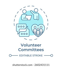Volunteer committees soft blue concept icon. Collaboration on specific projects. Contribution type. Round shape line illustration. Abstract idea. Graphic design. Easy to use in brochure