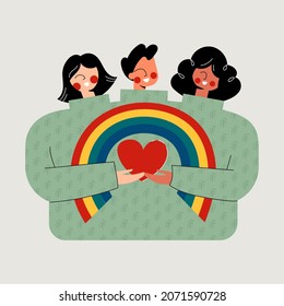 Volunteer community support world with giving rainbow and heart for sharing and caring. International volunteer day concept. Young people connection unity and charity. Flat vector cartoon illustration