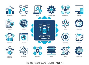 Conjunto de iconos de Informática voluntaria. Servidor, Recursos, Procesamiento, Tecnología, Proyecto, Rendimiento, Distribución, Ciencia. Iconos sólidos de color duotono