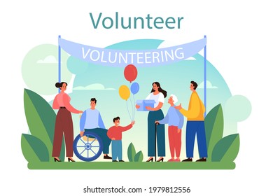 Volunteer concept. Charity community support old and disabled people, make a donation, take care of the planet. Idea of care and humanity. Vector flat illustration