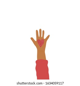 Volunteer concept. Handdrawn palm of human which do charity. Vector illustartion.