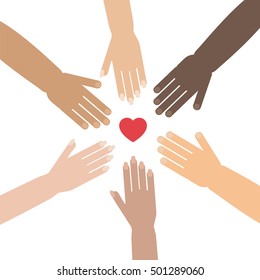 Volunteer concept with hands of different skin tones forming a circle around heart shape. Stock vector illustration for charity, humanity, race issues, teamwork, international friendship.