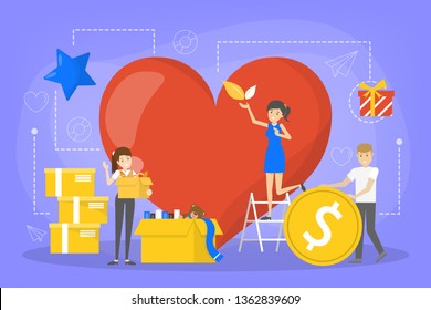 Volunteer concept. Idea of support and charity. Helpful people volunteering. Participating in voluntary activity. Vector illustration in cartoon style