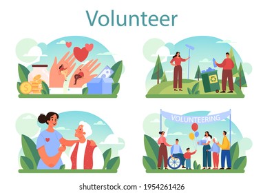 Volunteer concept set. Charity community support old and disabled people,