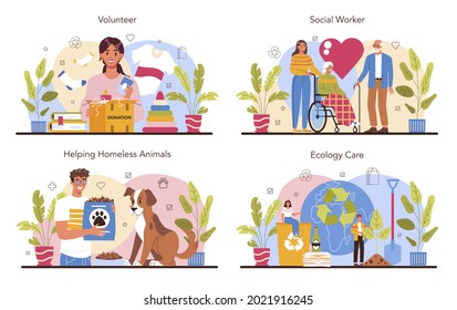 Volunteer concept set. Social worker support old and disabled people, help homeless animals, take care of the planet's ecology. Charity and humanitarian care. Vector flat illustration