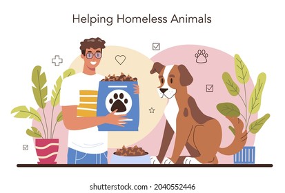 Concepto voluntario. Trabajadores sociales ayudan a los animales sin hogar, cuidan al animal del refugio animal. Hombre joven dando comida a un cachorro sin hogar. Caridad y atención humanitaria. Ilustración plana del vector