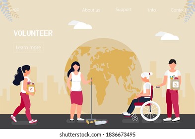 Volunteer concept vector for landing page. Social workers taking care about seniors. Social assistant, welfare worker help elderly people walk, ride wheelchair and shop.