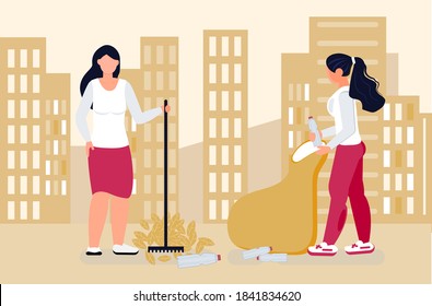 Vector de concepto voluntario. Trabajadores sociales reuniendo basura, hojas, botellas vacías. Los asistentes o asistentes sociales restablecen el orden en la ciudad. Ilustración de ayuda ecológica.