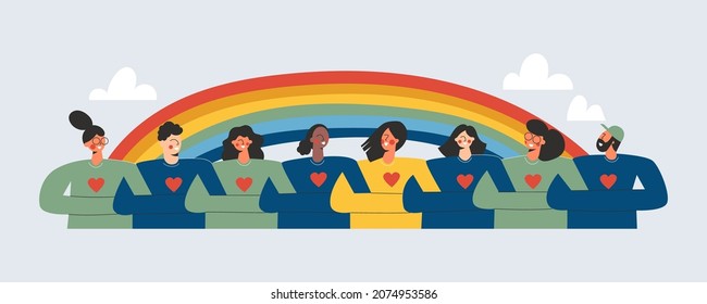 Volunteer cooperation chain or young people team charity together. Banner for International volunteer day. Friends group and rainbow. Unity of active diverse people. Flat vector cartoon illustration