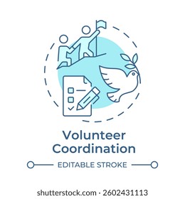 Volunteer coordination soft blue concept icon. Supporters work organization. Contribution management. Round shape line illustration. Abstract idea. Graphic design. Easy to use in brochure