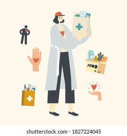 Volunteer or Courier Female Character Deliver Medicines to Senior or Helpless People to Home. Medical Drugs Delivery Service, Online Pharmacy, Drugstore Pills Prescription. Linear Vector Illustration