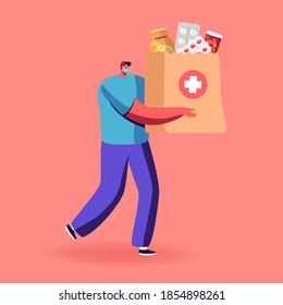 Volunteer or Courier Male Character in Medical Face Mask Deliver Medicines in Bag to Clients Home. Drugs Delivery Service Online Pharmacy, Drugstore Pills Prescription. Cartoon Vector Illustration