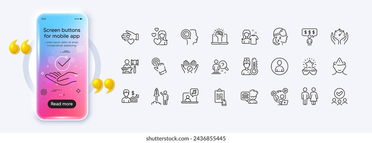 Volunteer, Cursor and Insomnia line icons for web app. Phone mockup gradient screen. Pack of Mental health, Employee benefits, Music pictogram icons. Vector svg