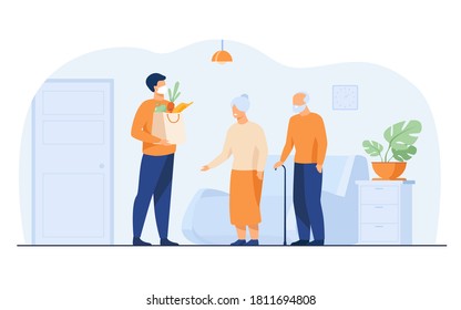 Volunteer delivering food parcels for elderly people isolated flat vector illustration. Cartoon old people meeting courier in protective mask. Delivery service and isolation concept