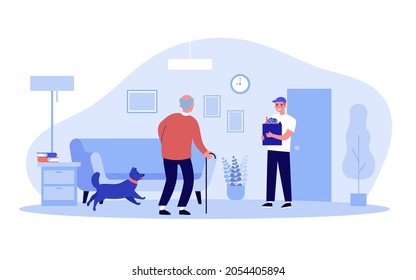 Volunteer delivering groceries for senior man. Support to old man with cane from boy flat vector illustration. Care for elderly, social awareness concept for banner, website design or landing web page