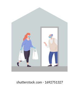 Volunteer delivers donations elderly people home coronavirus pandemic. Young female with packages in hands carrying necessities old citizen. Concept assistance and support people risk virus infection