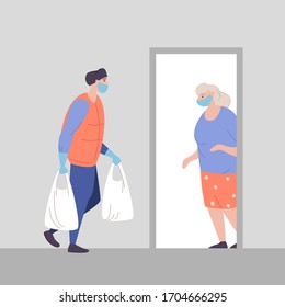 Volunteer delivers donations elderly people home coronavirus pandemic. Young man with packages in hands carrying necessities for old citizen. Concept assistance and support people risk virus infection