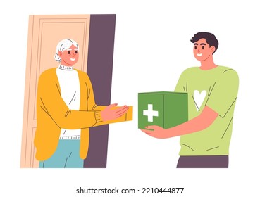 Volunteer delivers medications to an elderly woman