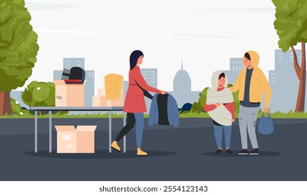 Volunteer distributing warm clothes to needy family in open donation center with boxes of things on table. Charity, kindness and care for society. Vector illustration.