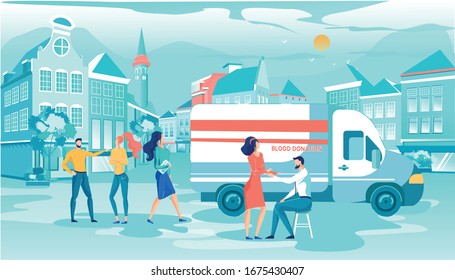 Volunteer Donate Blood Vector Illustration. Blood Donation, Transfusion, Transportation Mobile Station In Medical Auto Van On City Street. Charity Campaign, Donor Day. Medical Aid Healthcare