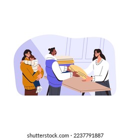Volunteer donating, giving used clothes. Charity, humanitarian aid, garment donation, charitable social help for refugees, poor needy people. Flat vector illustration isolated on white background