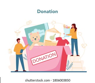 Volunteer donation. Charity community support people, donate clothes, take care of the planet, make a donation. Idea of care and humanity. Isolated vector illustration