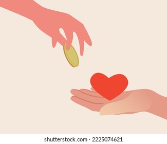 Volunteer donation concept, flat vector stock illustration with arm and coin isolated for design