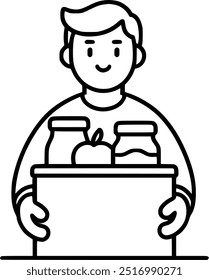 Volunteer with donation food box vector illustration. Charity sign, symbol, vector, art