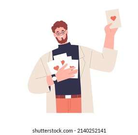 Volunteer with donation letters, charity postcards. Person holds charitable mail with humanitarian support, aid. Philanthropy, fundrising concept. Flat vector illustration isolated on white background