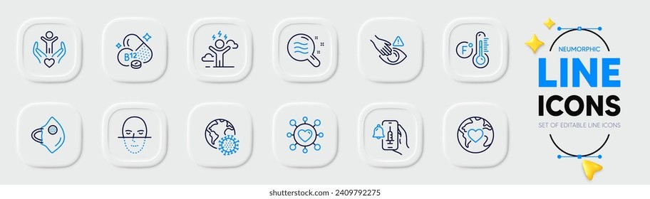 Iconos de línea de mascarilla médica y no toque voluntario para la aplicación web. Paquete de estrés difícil, estado de la piel, íconos del pictograma de anuncio de la vacuna. Citas, Donaciones, señales del termómetro Fahrenheit. Vector