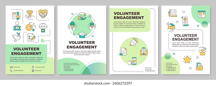 Volunteer engagement green circle brochure template. Non profit organization development. Leaflet design with linear icons. Editable 4 vector layouts