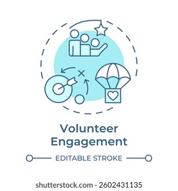 Volunteer engagement soft blue concept icon. Keeping motivation to help. Supporters management component. Round shape line illustration. Abstract idea. Graphic design. Easy to use in brochure