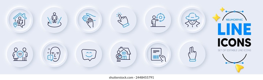 Volunteer, Equality and Smile face line icons for web app. Pack of Parcel invoice, Face attention, Work home pictogram icons. Business target, Click hand, Delivery man signs. Fraud. Vector