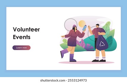 Volunteer events landing page. Woman and man with trash bag. Eco activists clean up trash on street. Caring for nature, environment and ecology. Flat vector illustration isolated on blue background