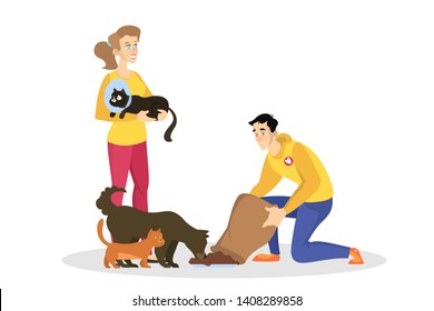 Volunteer fedd homeless cat and dog. Idea of charity. Hungry domestic pet. Isolated vector illustration in cartoon style