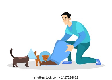 Volunteer feed homeless cat and dog. Idea of charity. Hungry domestic pet. Isolated vector illustration in cartoon style