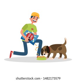 Volunteer feed homeless dog. Idea of charity. Hungry domestic pet. Isolated vector illustration in cartoon style