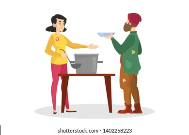 Volunteer Feed Homeless Man. Help And Support. Woman With A Soup In The Pot. Generous Girl Volunteering. Isolated Vector Cartoon Illustration