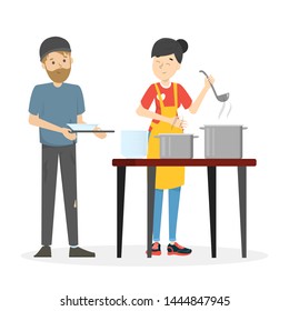 Volunteer feed homeless man. Help and support. Woman with a soup in the pot. Generous girl volunteering. Isolated vector cartoon illustration