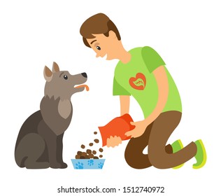 Volunteer feeding homeless dog by dry food vector isolated cartoon style man and hungry puppy. Help to animal, pet in veterinary center or charity organization