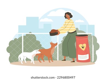 Volunteer feeds animals at homeless dog shelter. Population control and maintenance of stray animals, flat cartoon vector illustration isolated on white background.