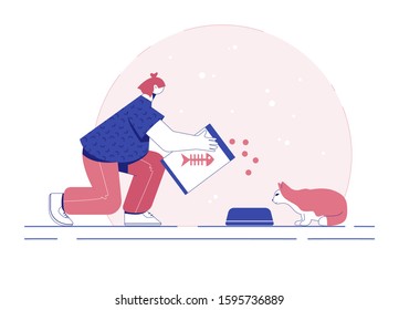 Volunteer feeds cat. Help stray animals concept. Vector illustration.